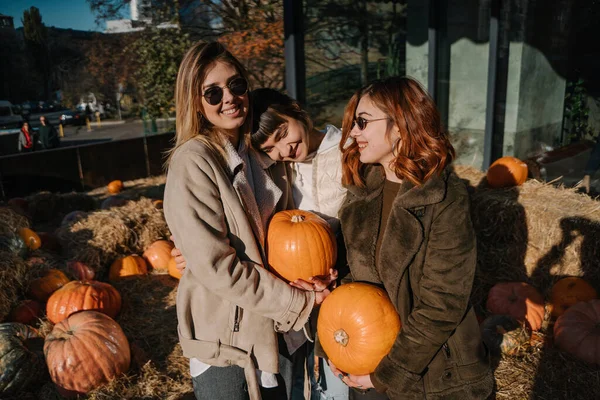 Girls holds pumpkins in hands. Outdoor photo. — 스톡 사진