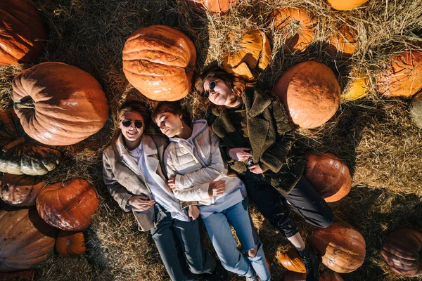 Young girls lie on haystacks among pumpkins. View from above — Φωτογραφία Αρχείου