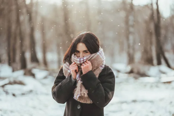 Genç ve güzel bir model kış ormanında poz veriyor. şık moda portresi — Stok fotoğraf