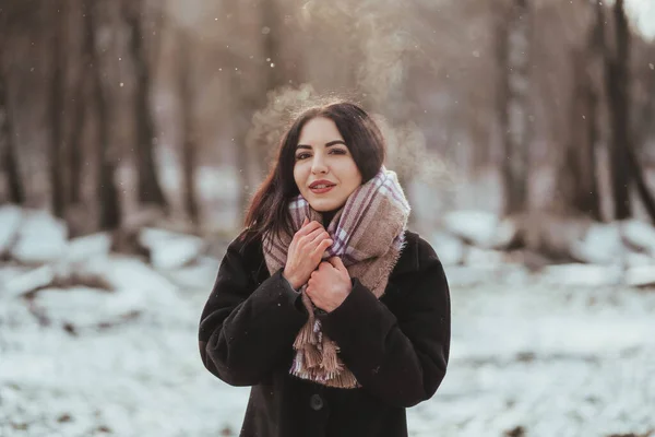 Jovem modelo bonito posando na floresta de inverno. retrato de moda elegante — Fotografia de Stock