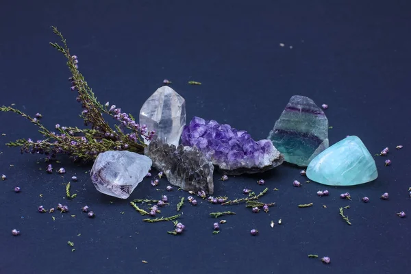 Semiprecious Stones Amethyst Rhinestone Smoky Quartz Fluorite Aquamarine Heather Branch — Stock Photo, Image