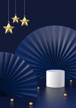 Lükslü Premium Ürünleri, soyut Çin kağıt zeminli modern minimalist kavram, Gökten gelen yıldız ve yerde altın top, 3D illüstrasyon.