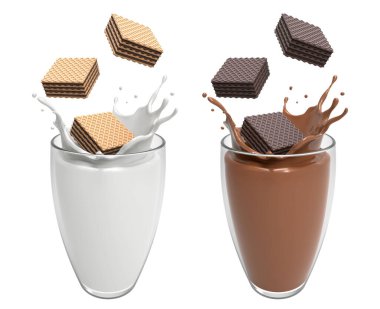 Vanilla and Dark Wafer chocolate square falling in glass match well with Milk and Chocolate splash high calcium and protein in the morning or at rest time on white background, 3D illustration. clipart