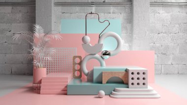 Soyut Platform Modern Geometrik Tasarım Beton Duvar 3d Render ile