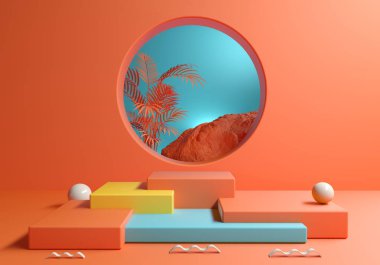 Tropikal Sahne Arkaplanlı Turuncu Soyut Podyum Adım Kutusu 3d