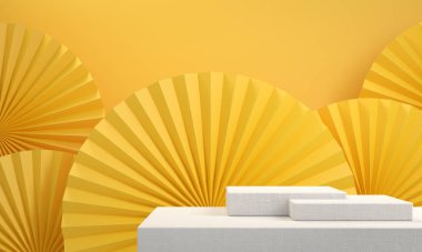 Kumaş podyumu olan sarı Asya tema arka planı set veya kozmetik güzellik koleksiyonu, 3d illüstrasyon.