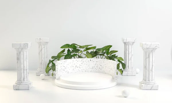 3d render white platform with marble pillars and plants background, 3d illustration.