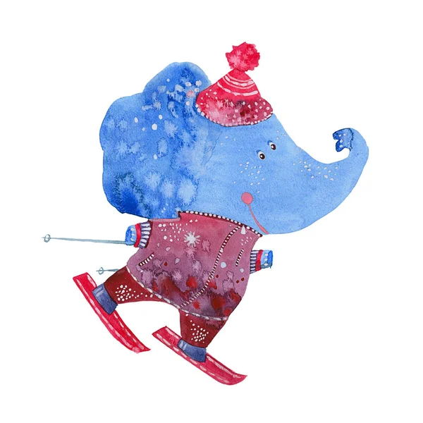 Akvarell elefant skidåkning — Stockfoto