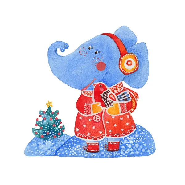 Watercolor elephant with bird — Stock Photo, Image