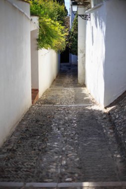 Granada 'nın tarihi Albaicin mahallesinde tipik bir caddenin dar bir ara sokağının önü..