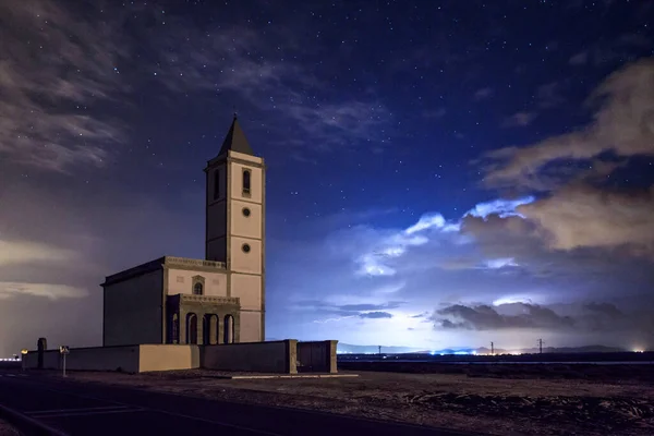 Vista Nocturna Iglesia Las Salinas Parque Natural Del Cabo Gata — Foto de Stock