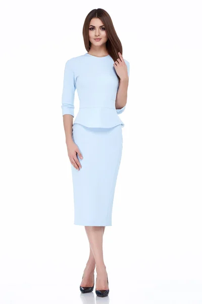 Sexy brunette woman skinny business style dress blue color — Stock Photo, Image