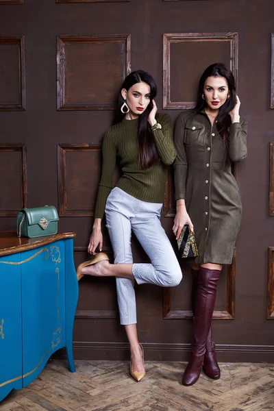 İki güzel seksi kadın esmer saç giyim moda 