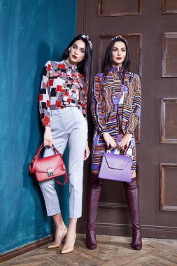 İki güzel seksi kadın esmer saç giyim moda 