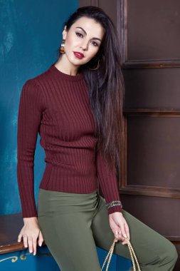 Beautiful sexy woman brunette hair wear wool  clipart