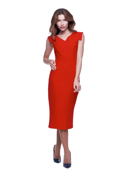 Moda styl kobiety idealne ciało kształt Brunetka włosy nosić red — Zdjęcie stockowe