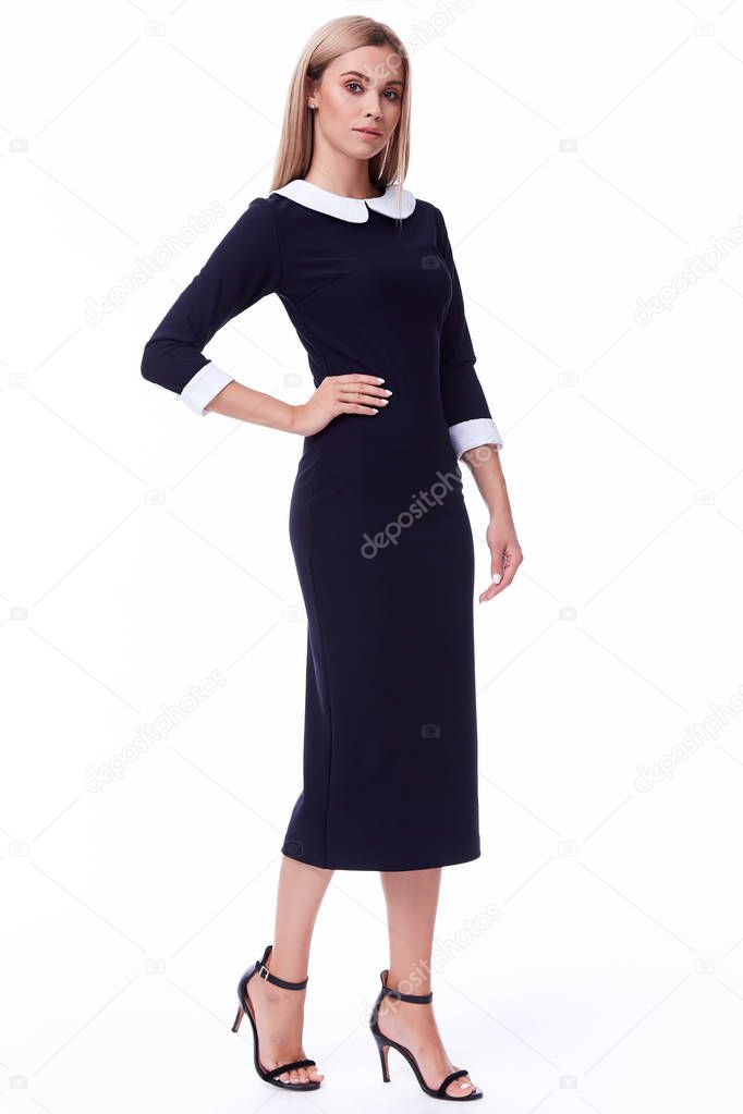Blond hair woman wear office black dress code style pretty beaut