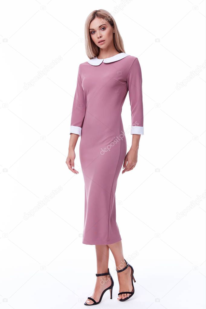 Woman blond hair wear office pink dress code style pretty beauti