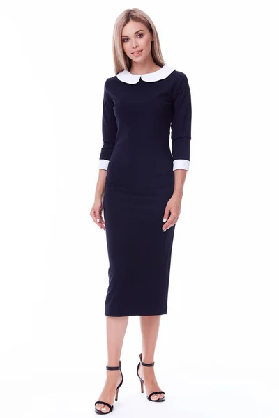 Blond haar vrouw dragen office zwarte dresscode stijl vrij beaut — Stockfoto