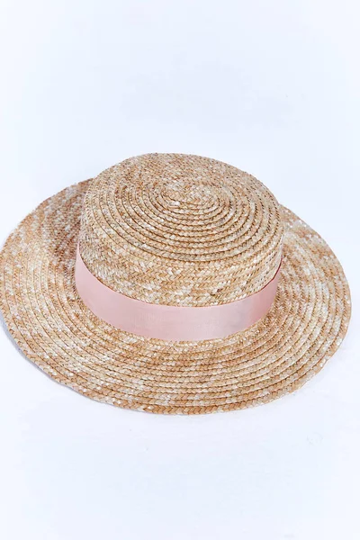 Straw hat of light straw with velvet ribbon beautiful stylish fa