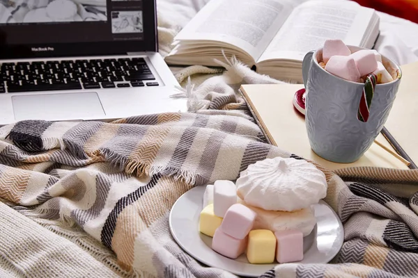 Humor de inverno Dia de Natal em casa com xícara de cacau quente ou café — Fotografia de Stock