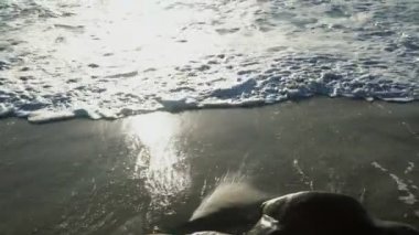 Okyanusun derin mavi, dalgalar güneş ışınlarının yaz sahil kumlu plaj tarafından yıkanır.