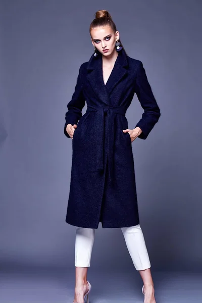 아름 다운 섹시 한 비즈니스 여자 착용 검은 모직 코트 실크 블라우스는 — 스톡 사진