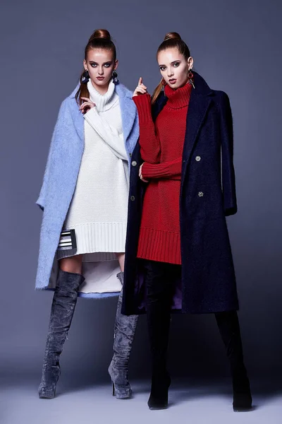 Dvě sexy žena hubená business styl šaty vlněné pletené kašmírové — Stock fotografie