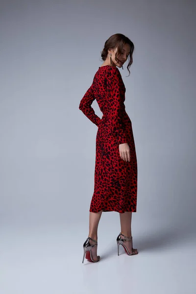 Sexy bonita mujer de moda llevar animal print vestido rojo casual tre — Foto de Stock