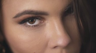 Görüntü efekti portresi güzel esmer kadın model cilt bakımı kozmetik yüz için saf krem gözler doğal makyaj ürünü burun maskarası romantik kaşlar seksi bayan.