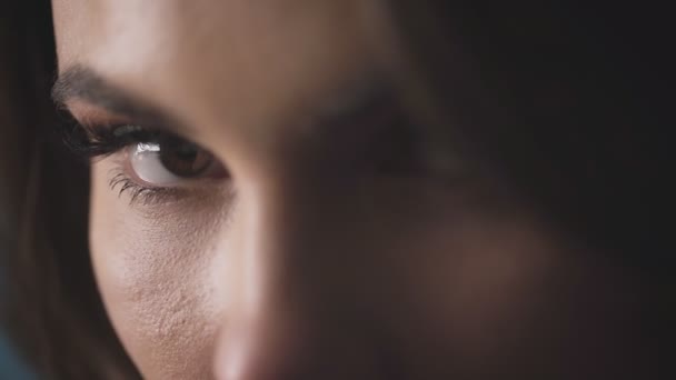 Primer Plano Ojo Femenino Hermoso Maquillaje Brillante Cuidado Piel Cosmética — Vídeos de Stock