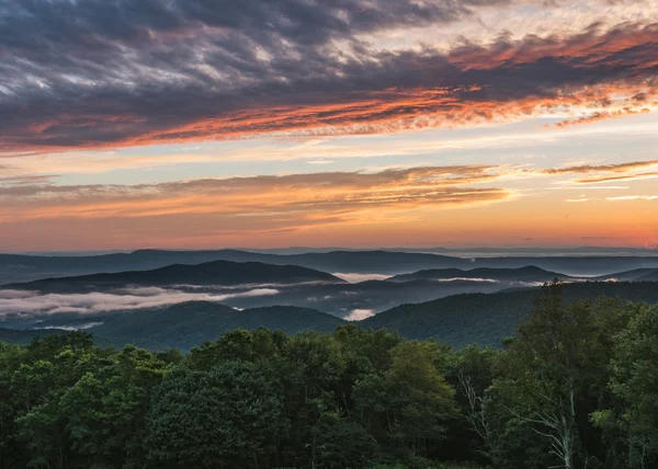 Mist vestigt zich in Valley bij zonsondergang — Stockfoto