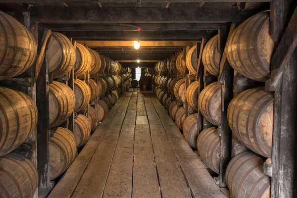 Op zoek naar beneden loopbrug in Bourbon veroudering magazijn — Stockfoto