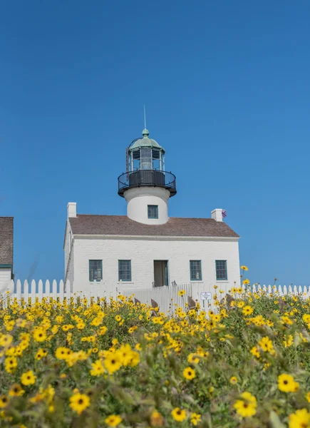 Leuchtturm und Wildblumen am Cabrillo — Stockfoto