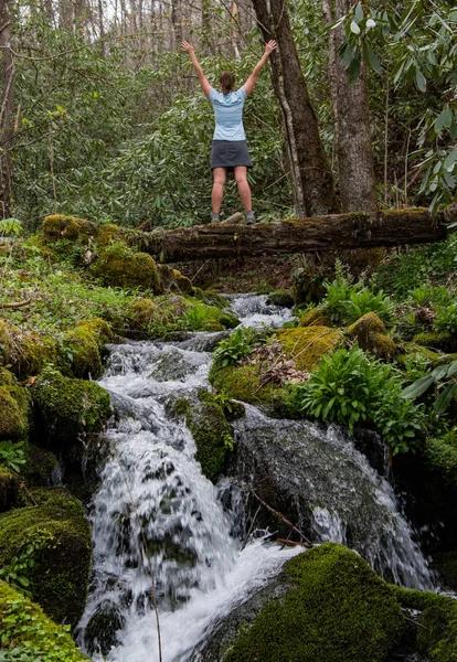 Woman Stands on Log Bridge and Power Poses