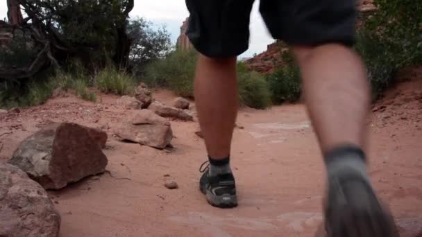 Arcos desierto sendero hombre caminatas lejos — Vídeo de stock