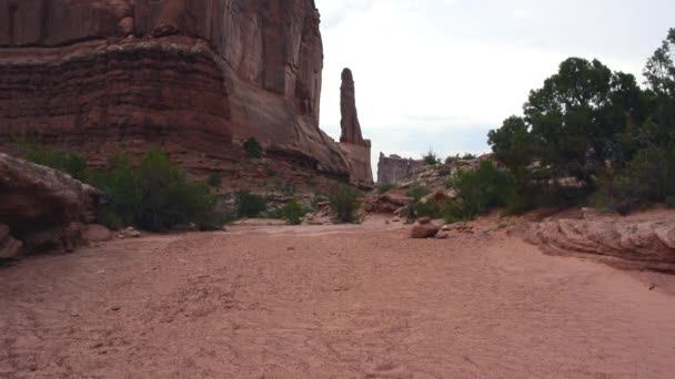 Arches Park Avenue Hombre Caminatas a través de disparo — Vídeo de stock