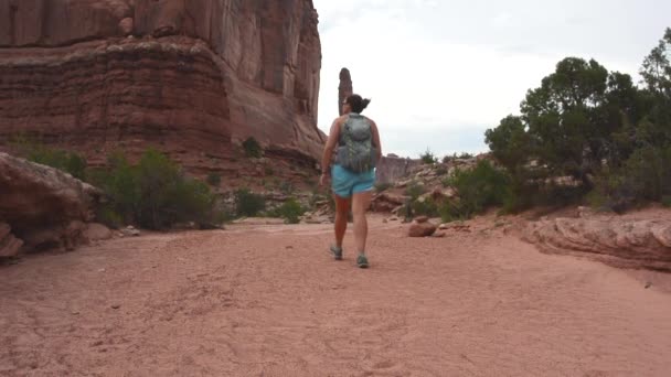 Arches Park Avenue Mulher caminha através de tiro — Vídeo de Stock