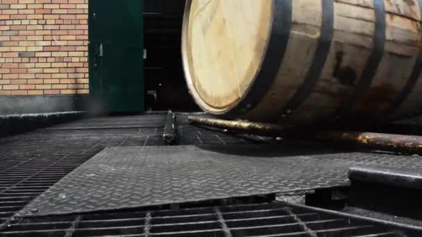 Bourbon Barrel Rolling on Track fuera del edificio de la destilería de ladrillo — Vídeos de Stock