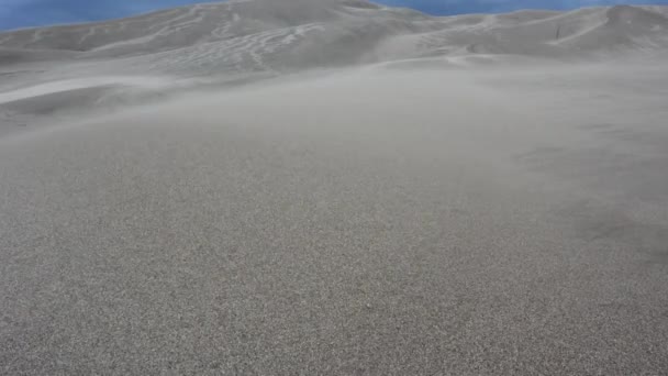 큰 모래 언덕 배경에서 불고 모래 — 비디오