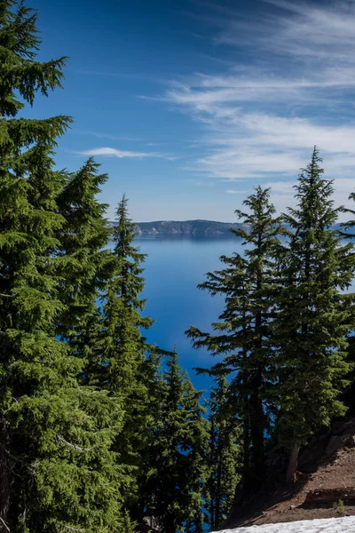 Les eaux bleues du lac Crater regardant à travers les pins — Photo