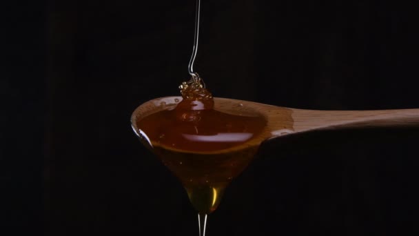 暗い背景に木のスプーンをオーバーフローに蜂蜜を注ぐ — ストック動画