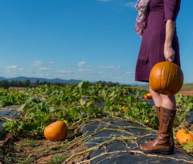 Kadın tutar kabak yanında