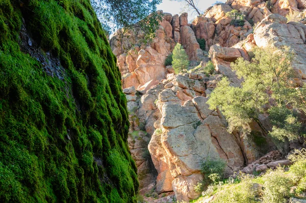 Mossy Boulder along Pinnacles Rock Formations — стокове фото