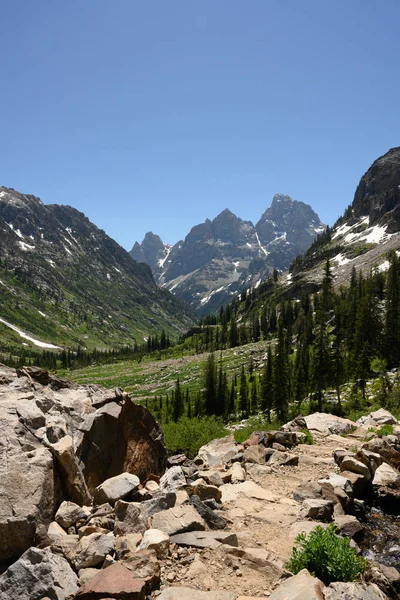 Stezka vede kaskádovým kaňonem v Tetons Wilderness — Stock fotografie