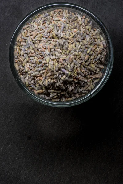 Torkad lavendel i skål med kopieringsutrymme nedanför — Stockfoto