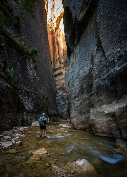 Woman Looks Up to Sunlight Trying to Break Into The Narrows — Stock Photo, Image