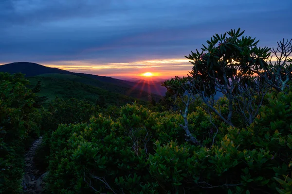 Rayos de sol rosados y anaranjados resplandor sobre montañas — Foto de Stock