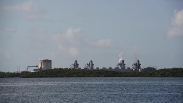 ビスケイン湾の背後に曇りの空を持つ原子力発電所 — ストック動画