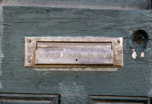 Aged Mail Slot Old Painted Door — Stock Photo, Image